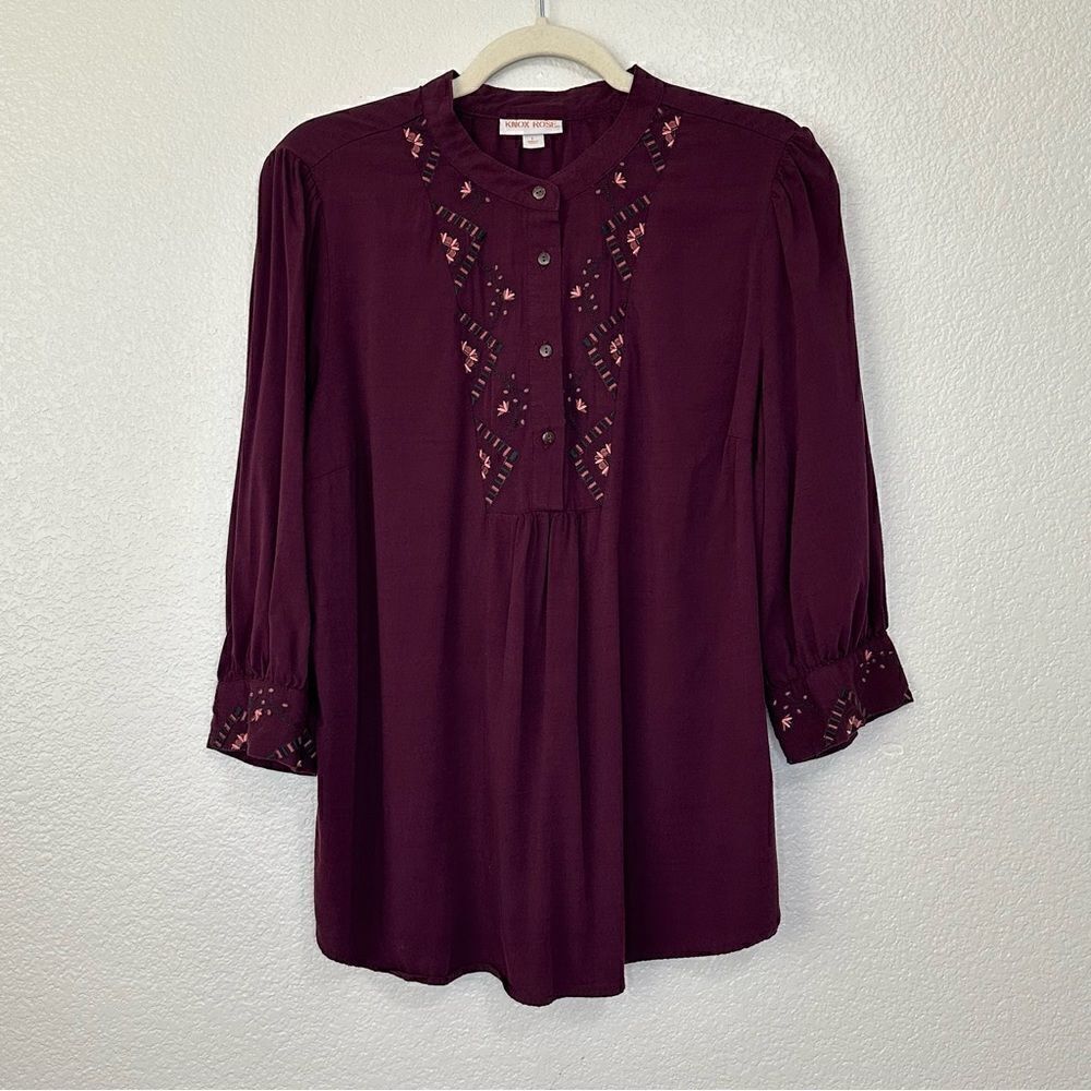 Knox Rose Bishop Embroidered Plum 3/4 Sleeves Blouse Top